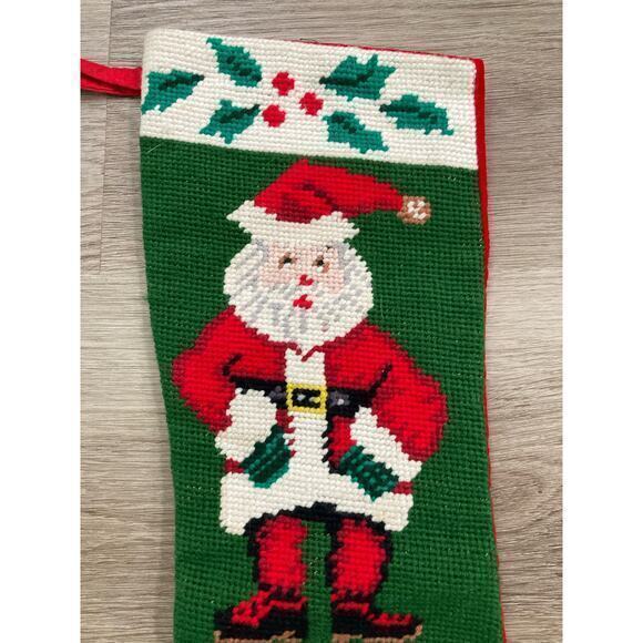 Vintage Hand Knitted Santa Claus Christmas Stocking 17in Green Red Holiday Decor - Picture 7 of 12